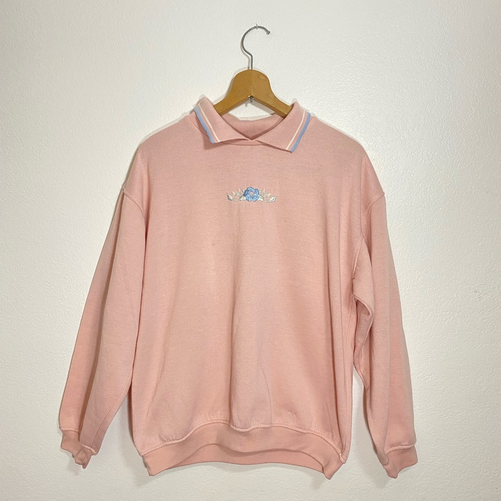 Vintage Bolo Spirit Pink Floral embroidery large grandmacore collared crewneck